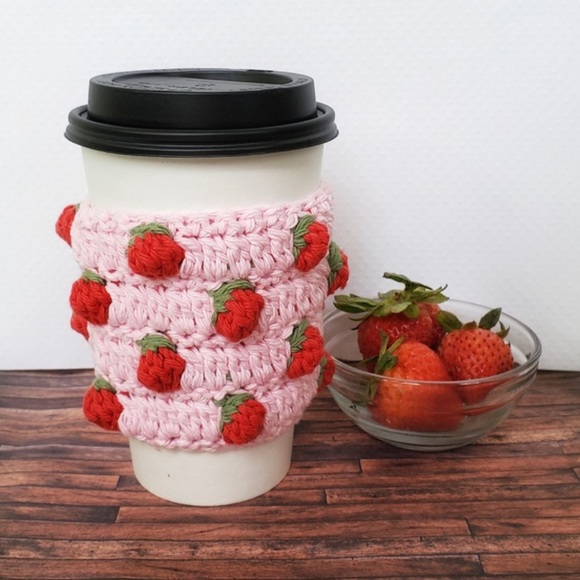 Crochet Strawberry Coffee Cozies Set of 2 - Picture 1 of 2